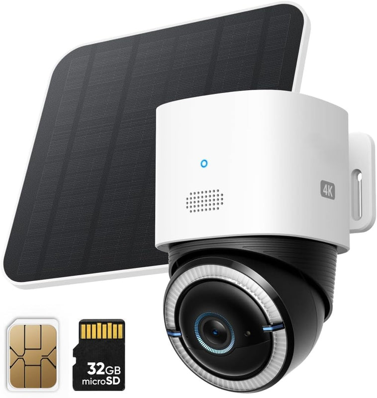 4K Cellular Solar Security Cameras Wireless Outdoor, Pan and Tilt, 4G and Wi-Fi Duo-Mode, AI Tracking, with SIM Card and 32GB SD Card, No WiFi, No Problem
