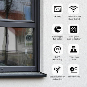 2K No Drill Window Camera-2 Pack 2.4Ghz & 5Ghz WiFi Dome Cameras for Home Security for Indoor & Outdoor Monitoring, Color Night Vision, Human Detection, 24/7 Recording, Ideal for Apartment